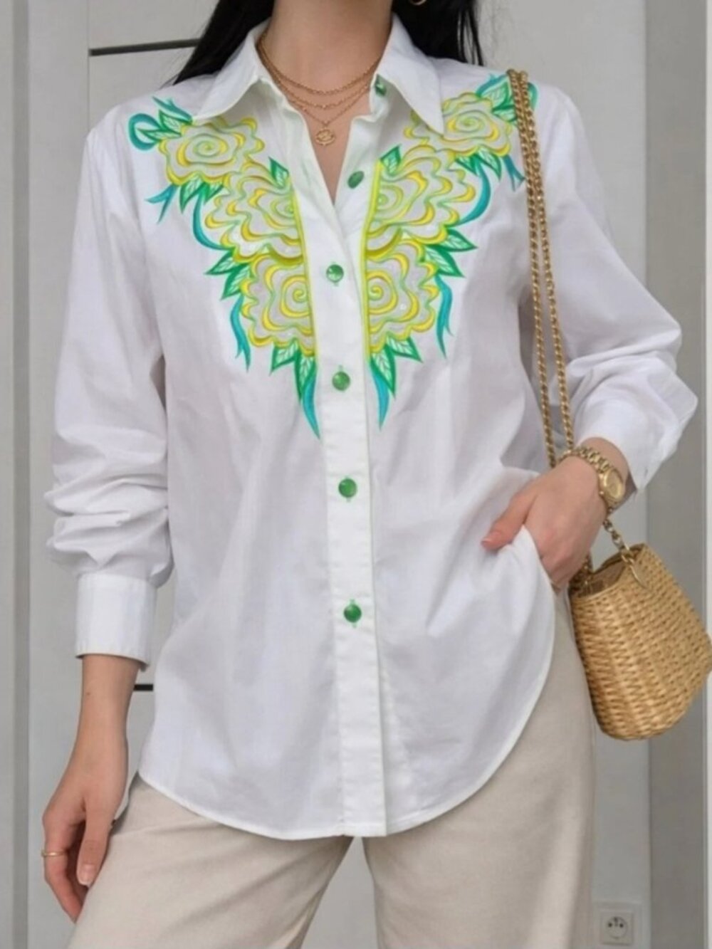Bob Mackie Wearable Art Button Up Embroidered Shirt Size Large